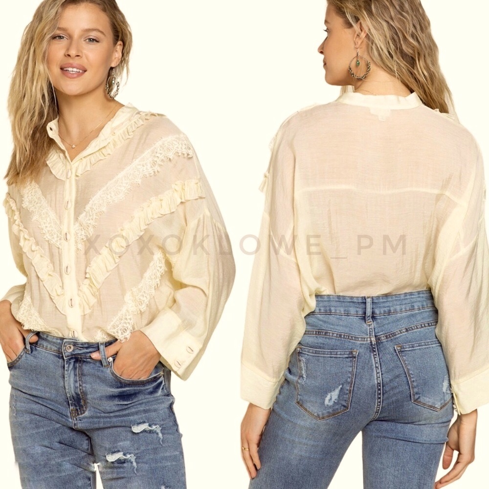 Spring Yellow Long Sleeve Button Down Ruffle Top
